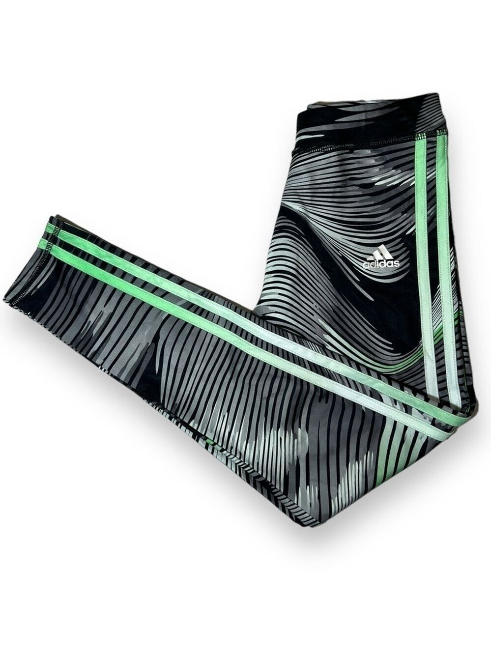 Adidas Girl’s Printed Leggings Black/White/Lime Green Ombre Size Medium 10/12